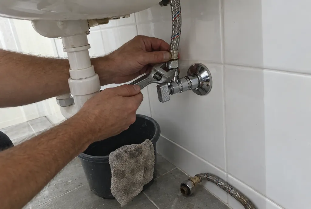Manos apretando con una llave inglesa un latiguillo nuevo en la llave de escuadra de un lavabo, con un cubo debajo
