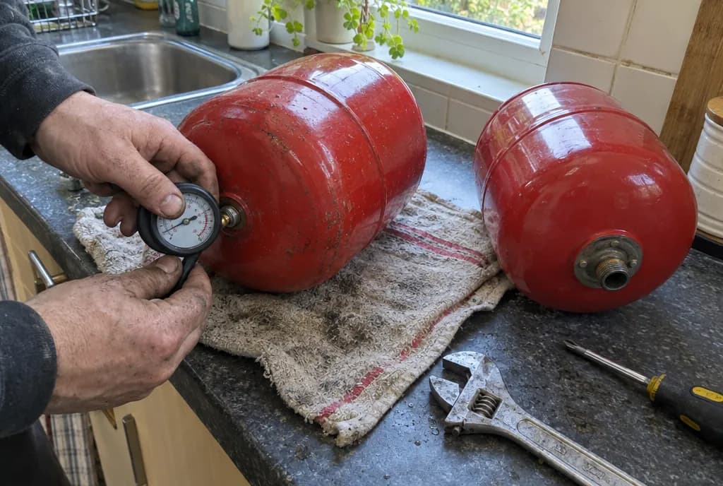 Manos midiendo con un manómetro de neumáticos la válvula de aire de un vaso de expansión desmontado sobre una encimera