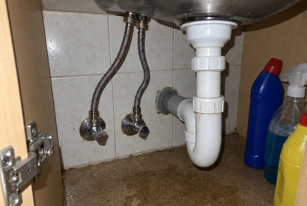 Dos latiguillos de malla bajo un fregadero, conectados a sus llaves de escuadra, junto al sifón de PVC