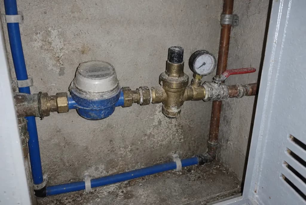 Armario de contador de agua con un reductor de presión de latón y su manómetro instalados después del contador