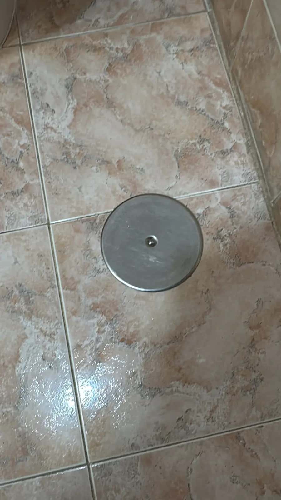 Sumidero de acero inoxidable colocado en un suelo de baldosas de baño